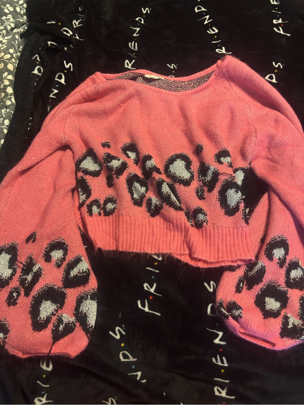 ADORA Pink Leopard-Print Off-the-Shoulder Crop Sweater